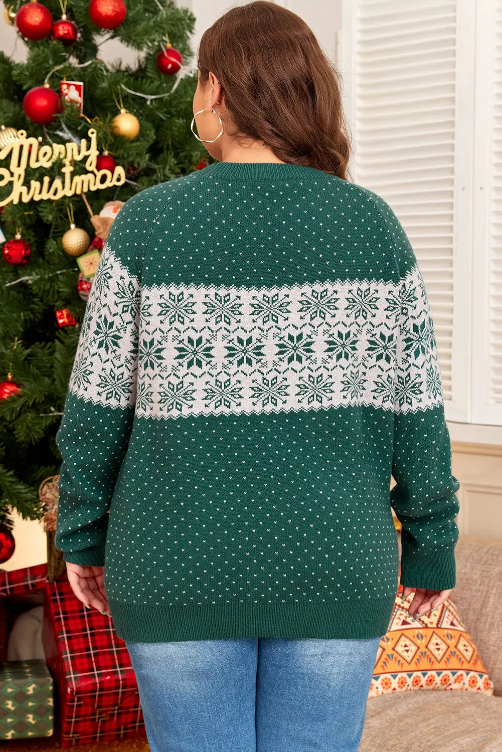 Green Christmas Snowflake Pattern Drop Shoulder Plus Size Sweater Dear-Lover Dropshipping
