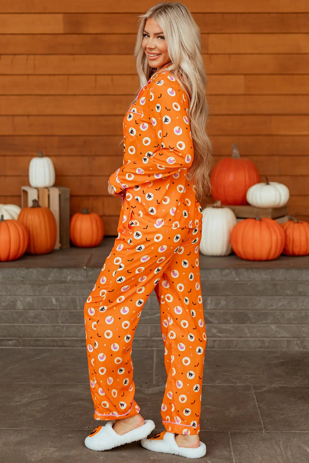 Orange Halloween Print Lapel Shirt Long 2pcs Pajama Set Dear-Lover Dropshipping