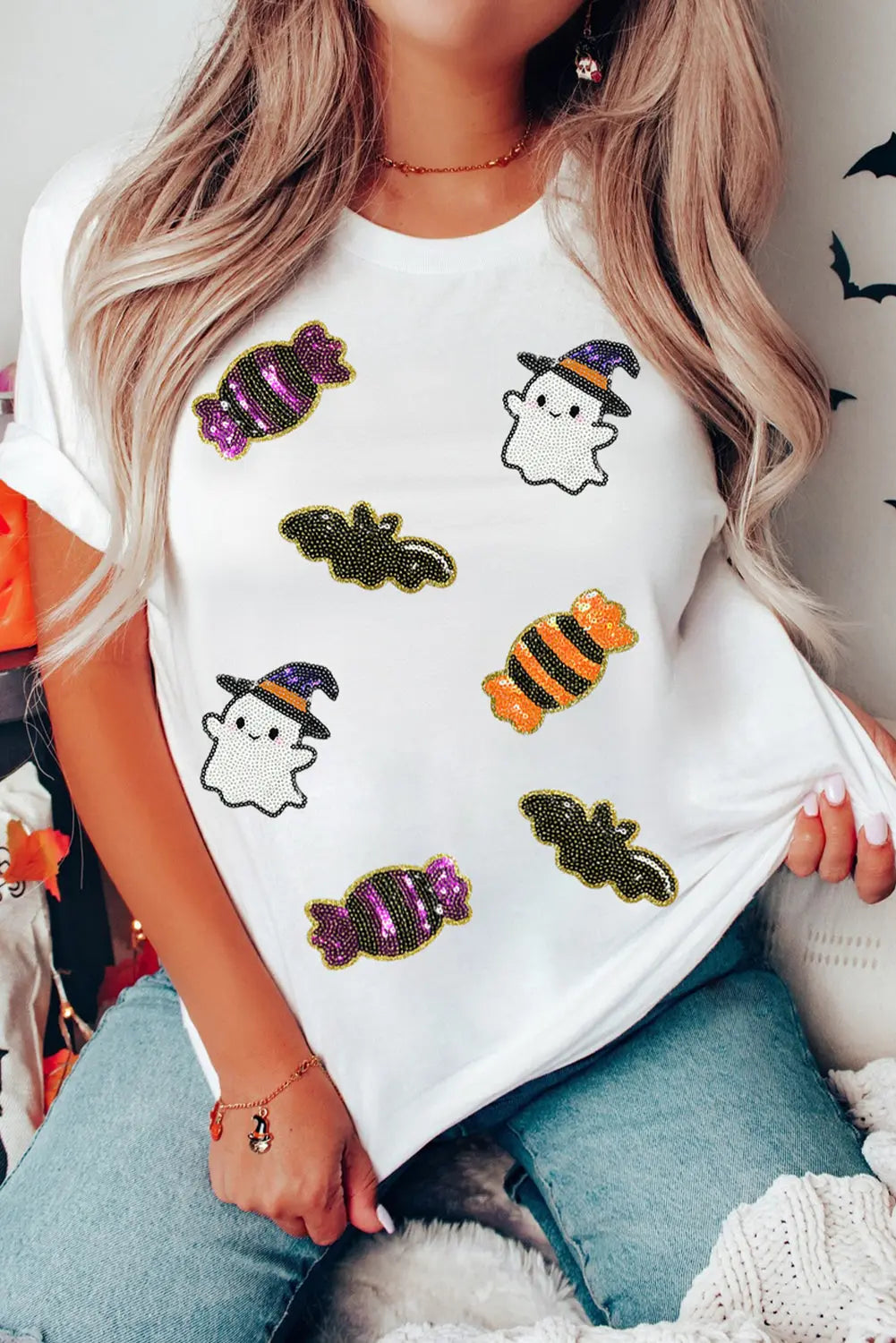 White Sequined Halloween Spirit Pattern Patched Custom Casual Tee Dear-Lover Dropshipping