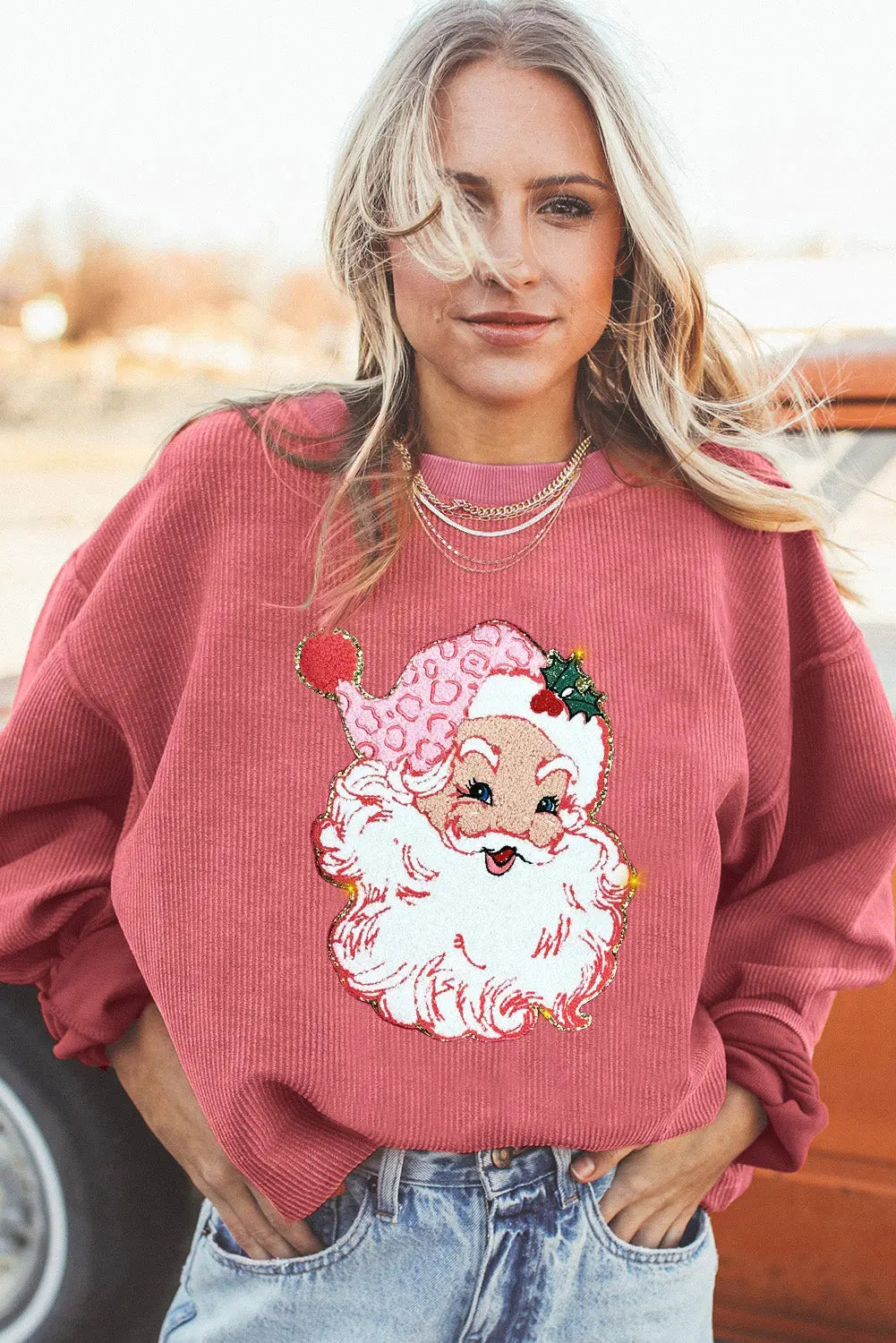 Strawberry Pink Santa Claus Sparkle Corded Crew Neck Sweatshirt Dear-Lover Dropshipping
