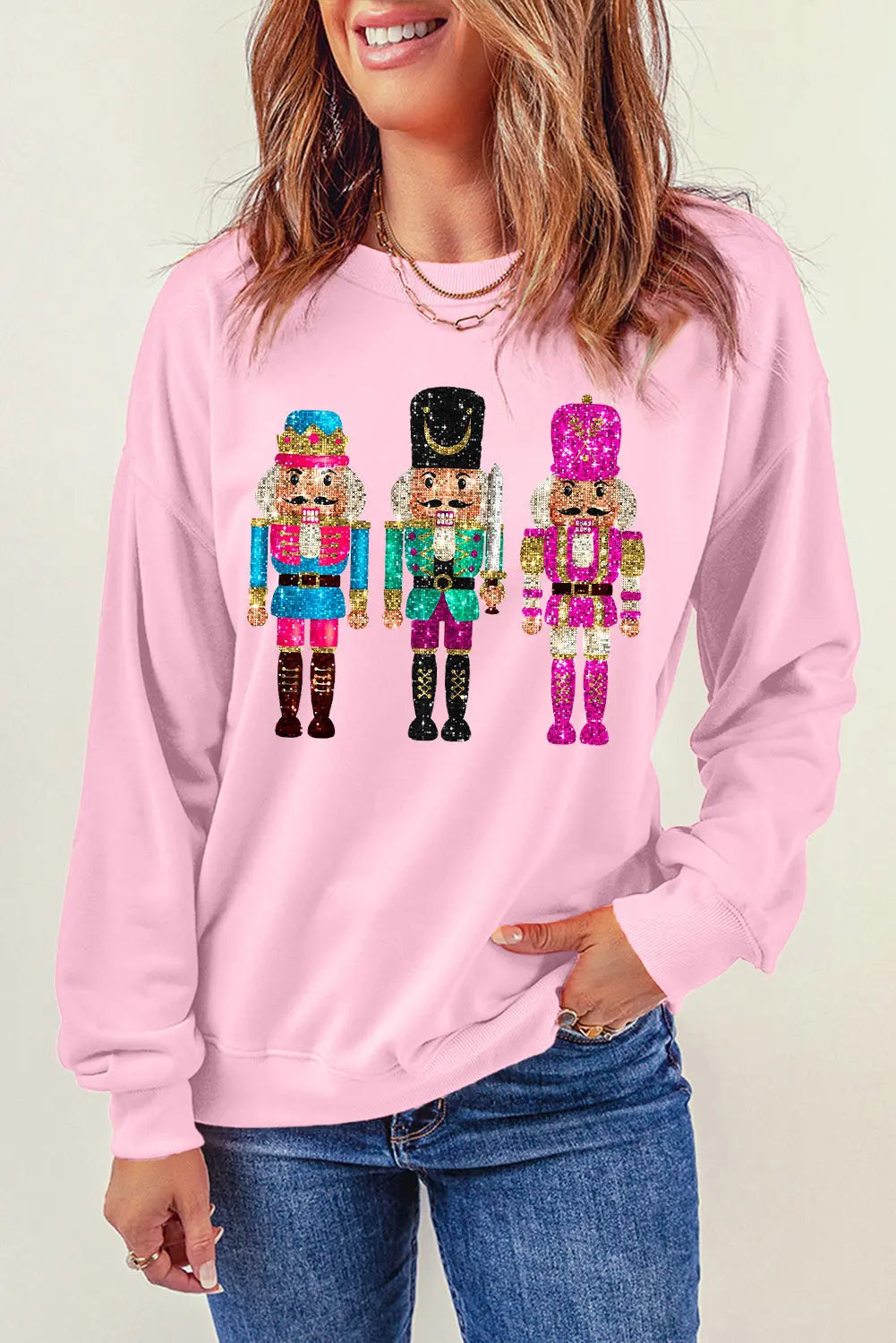 Pink Cute Nutcracker Printed Drop Shoulder Christmas Sweatshirt Dear-Lover Dropshipping