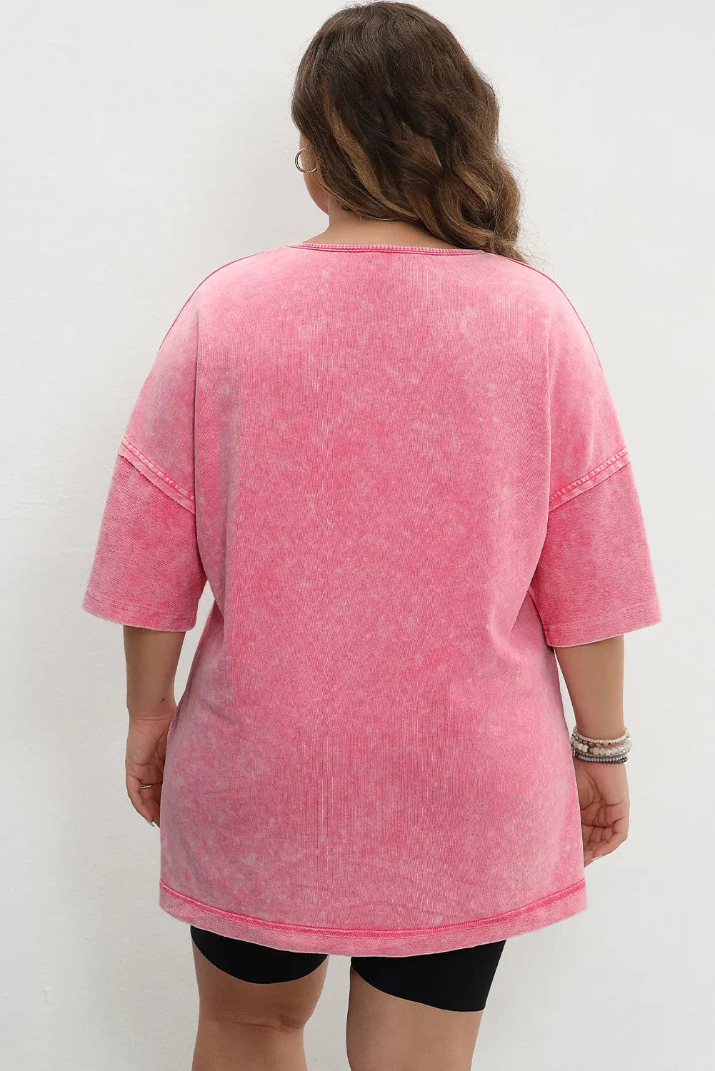 Strawberry Pink Mineral Wash Drop Sleeve Patchwork Plus Tee Dear-Lover Dropshipping