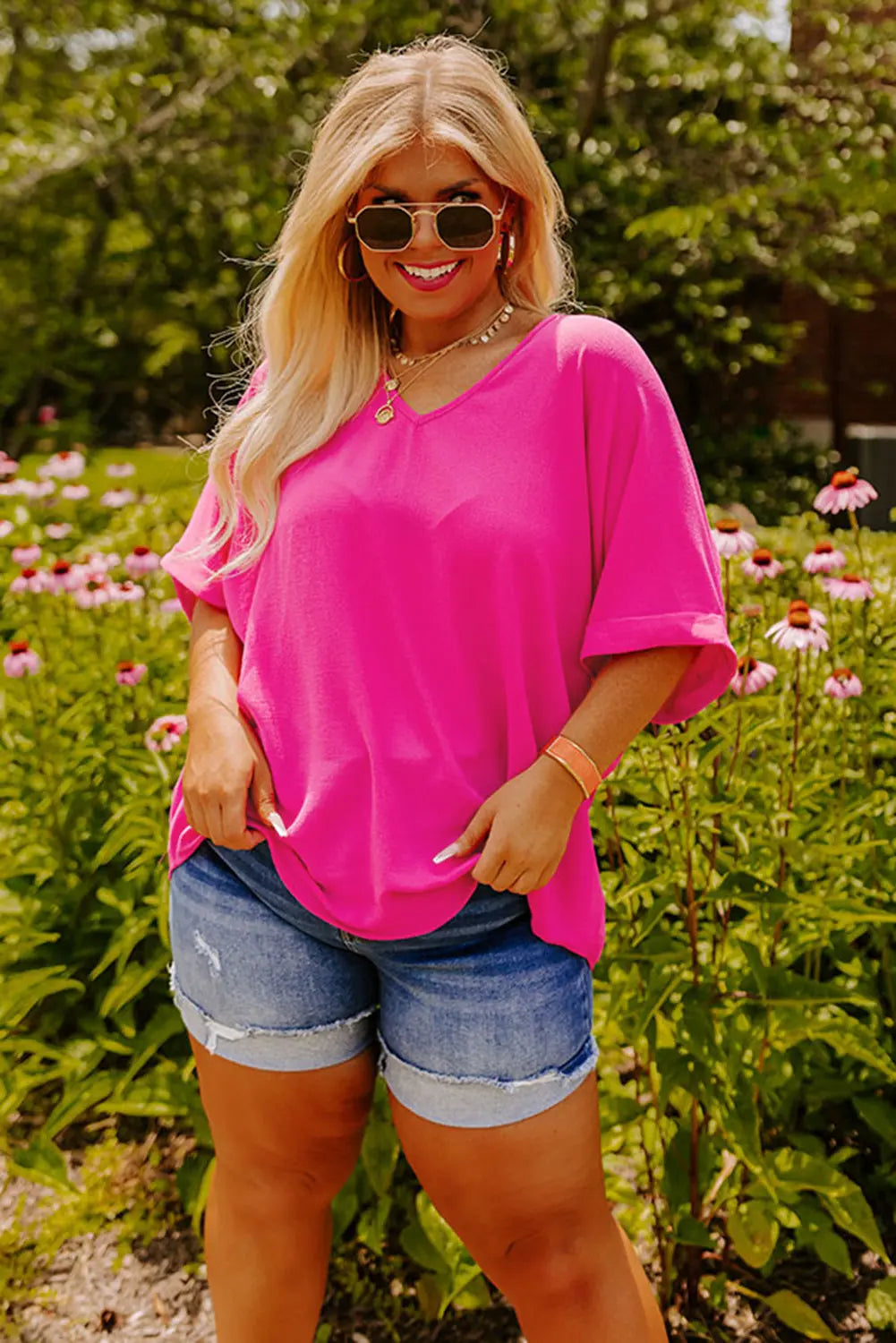 Bright Pink Seamed Back High Low Hem V Neck Cuffed Sleeve Plus Size Tee Dear-Lover Dropshipping