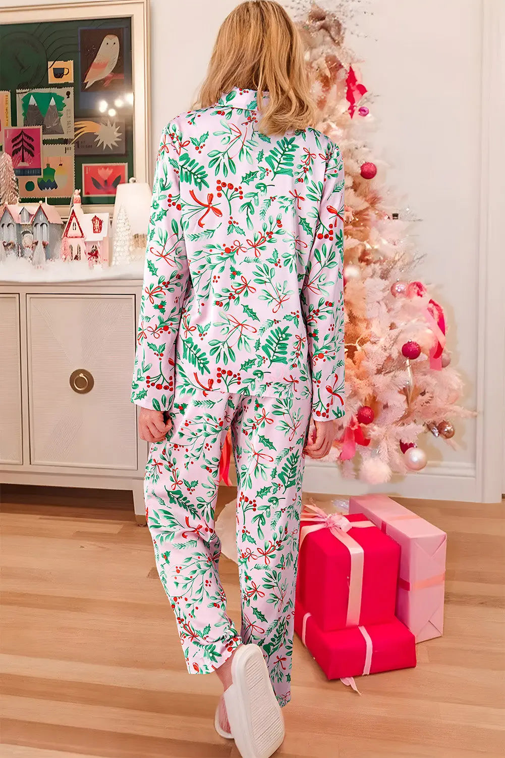 Pink Christmas Berries Plant Print Satin Long Sleeve Pajama Set Dear-Lover Dropshipping