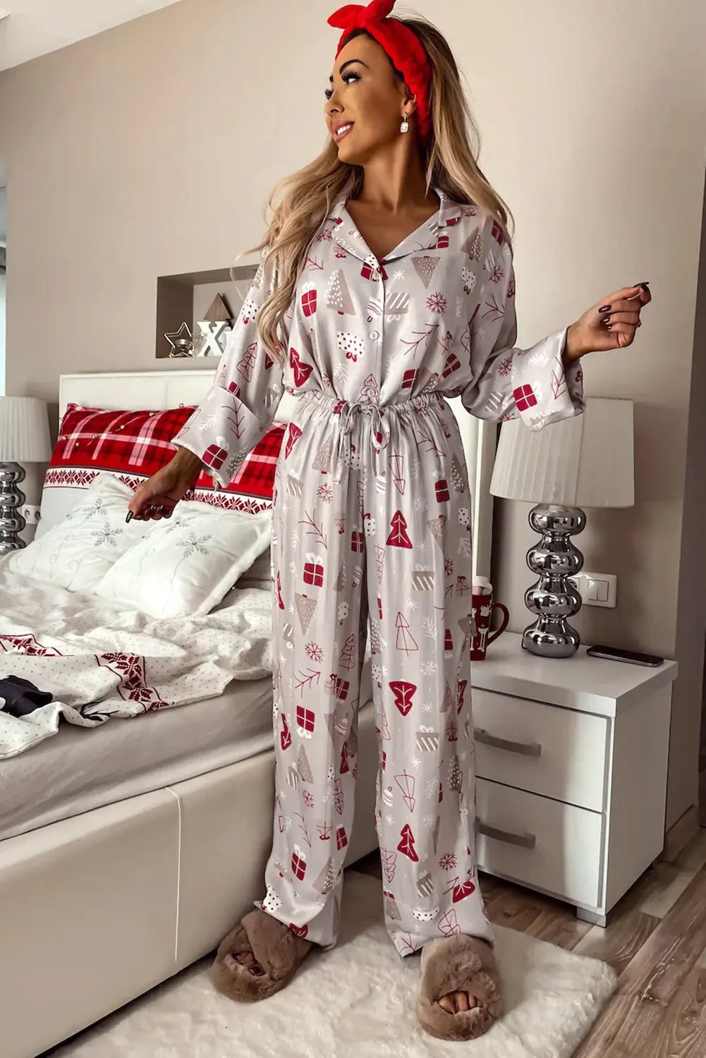 Light Grey Christmas Printed Shirt and Pants Pajama Set Dear-Lover Dropshipping