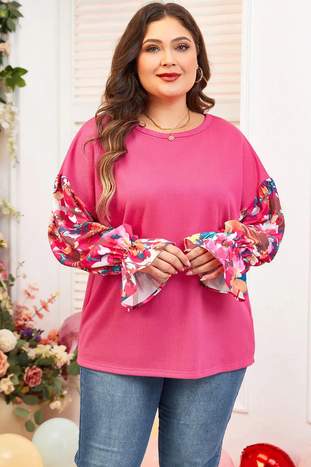 Bright Pink Floral Patchwork Flounce Sleeve Rib Knit Plus Top Dear-Lover Dropshipping