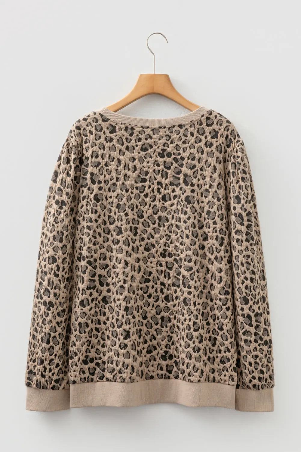 Khaki Leopard Textured Ribbed Trim Plus Size Long Sleeve Top Dear-Lover Dropshipping