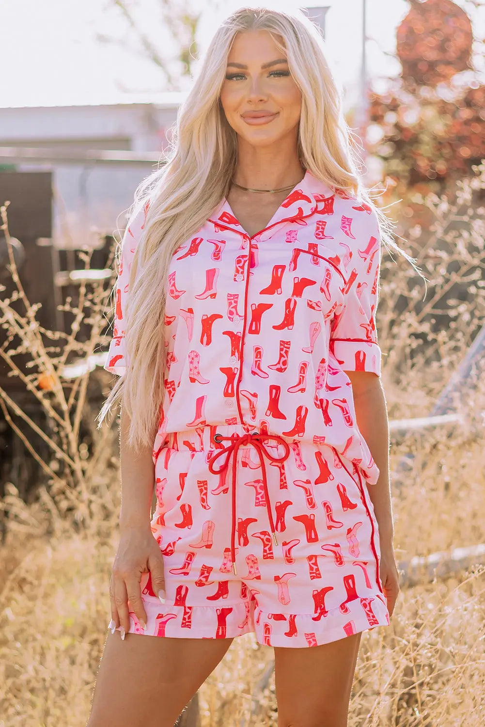 Pink Western Cowgirl Boots Printed Shirt Ruffled Shorts Pajama Set Dear-Lover Dropshipping