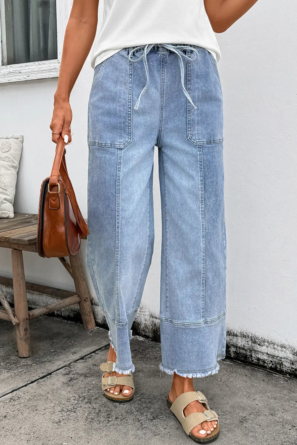 Beau Blue Drawstring Seam Detail Raw Hem Wide Leg Denim Pants Dear-Lover Dropshipping