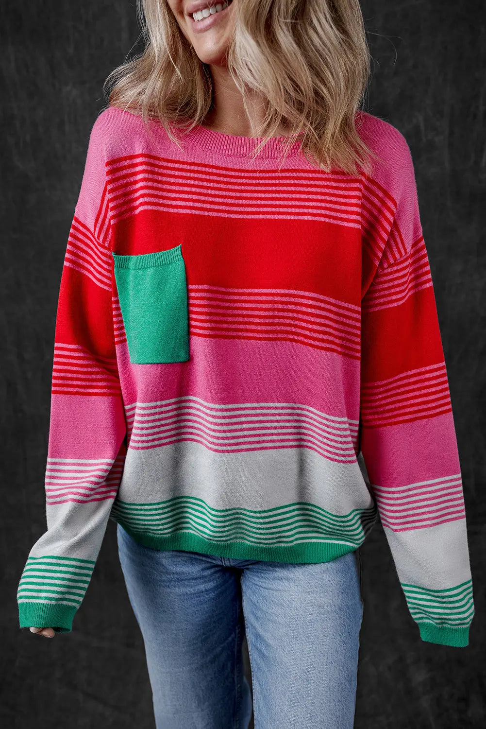 Rose Striped Knit Patch Pocket Drop Shoulder Sweater Dear-Lover Dropshipping