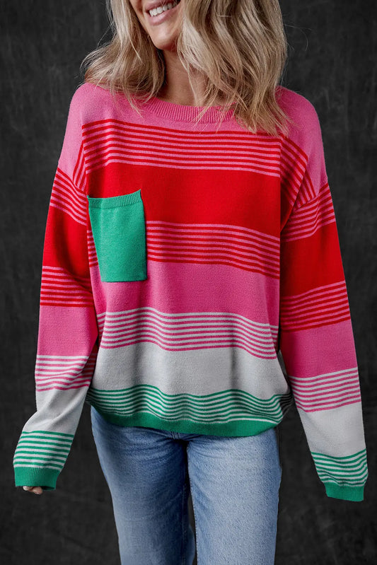 Rose Striped Knit Patch Pocket Drop Shoulder Sweater Dear-Lover Dropshipping