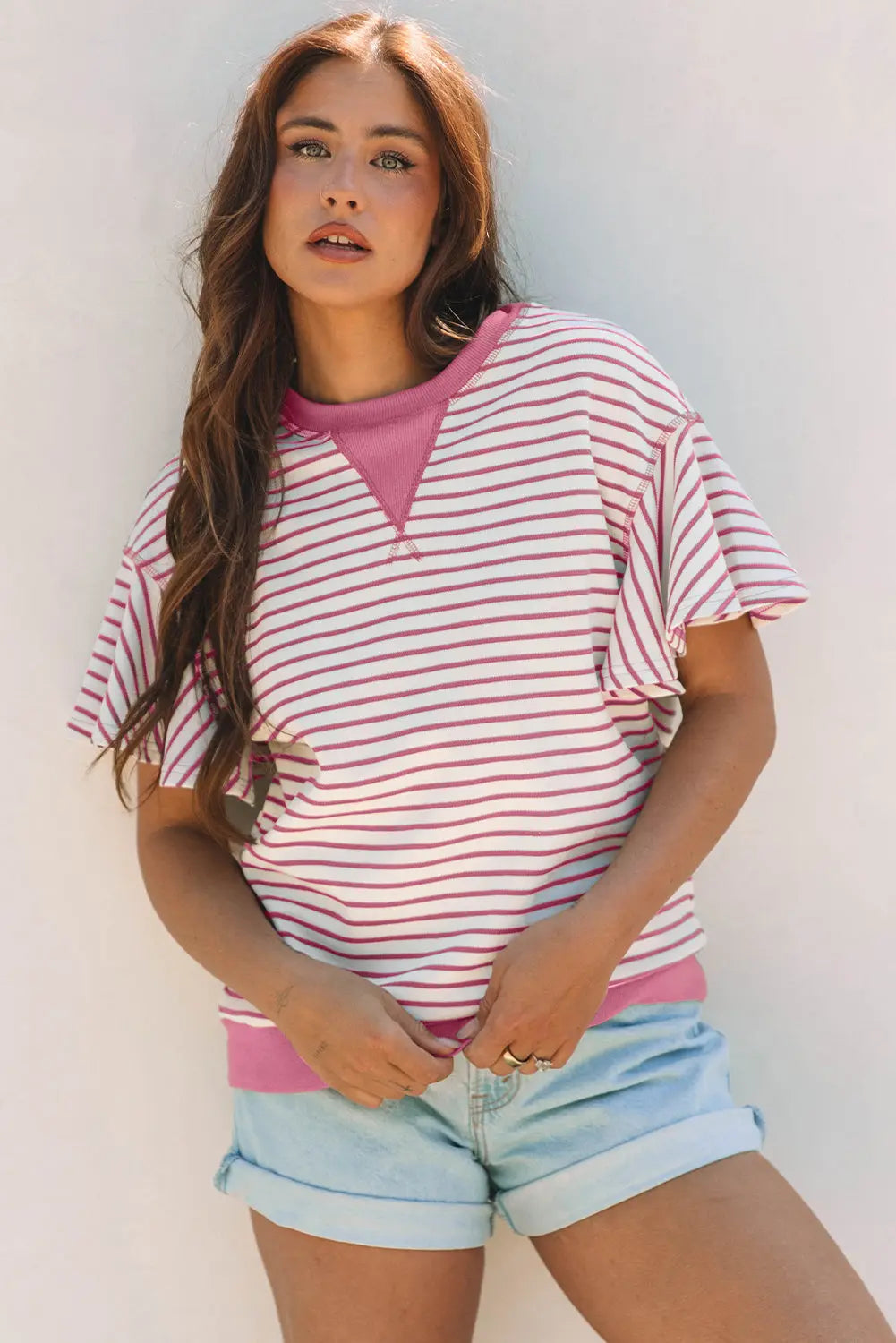 Sachet Pink Contrast Detail Striped Ruffle Short Sleeve Top Dear-Lover Dropshipping