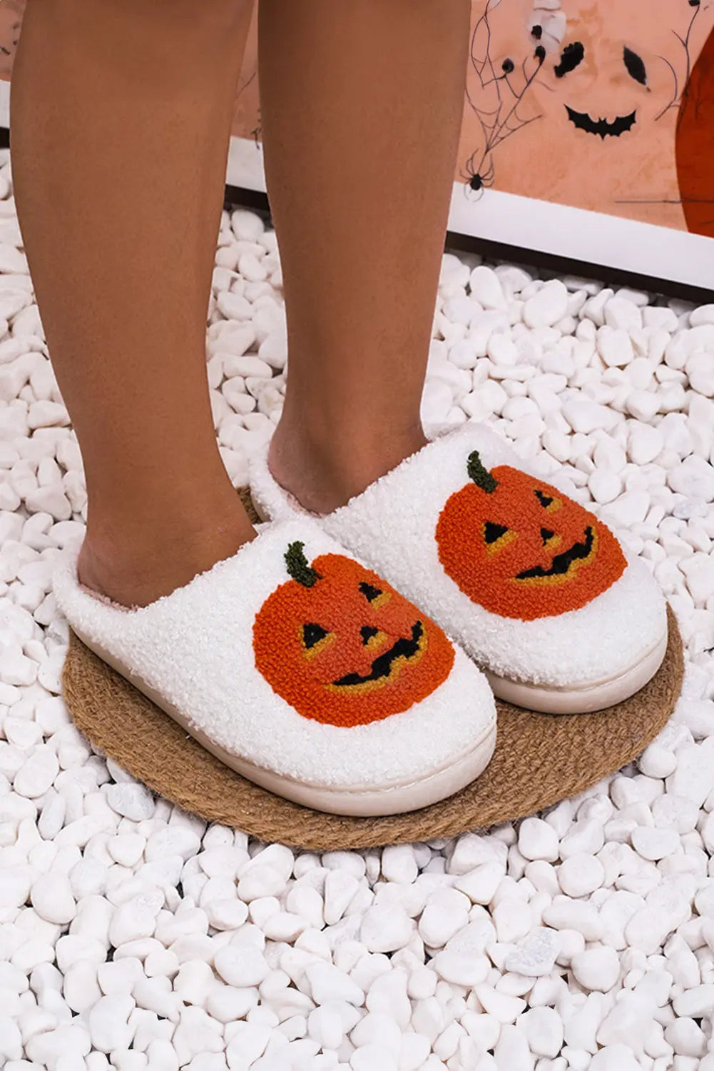 White Halloween Pumpkin Print Plush Slippers (Runs Small, Size Up) Dear-Lover Dropshipping