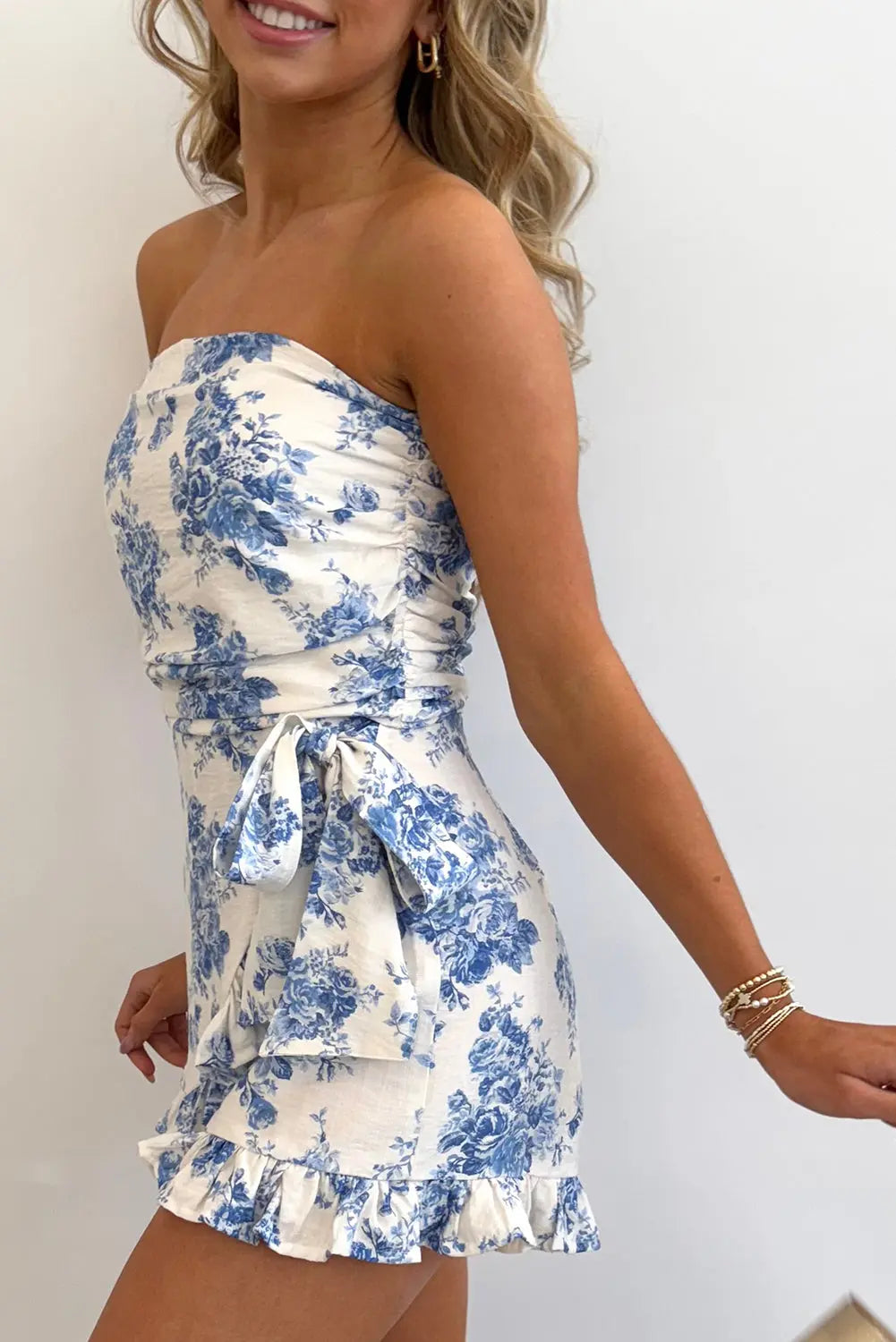 Sky Blue Floral Print Strapless Zipped Back Knot Waist Ruffled Romper Dear-Lover Dropshipping