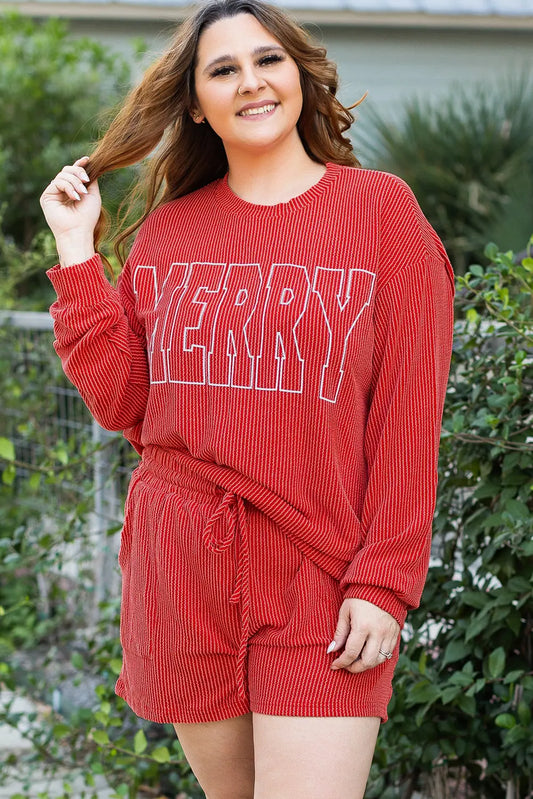 Racing Red MERRY Ribbed Knit Long Sleeve Lace-up Waist Plus Size Set Dear-Lover Dropshipping