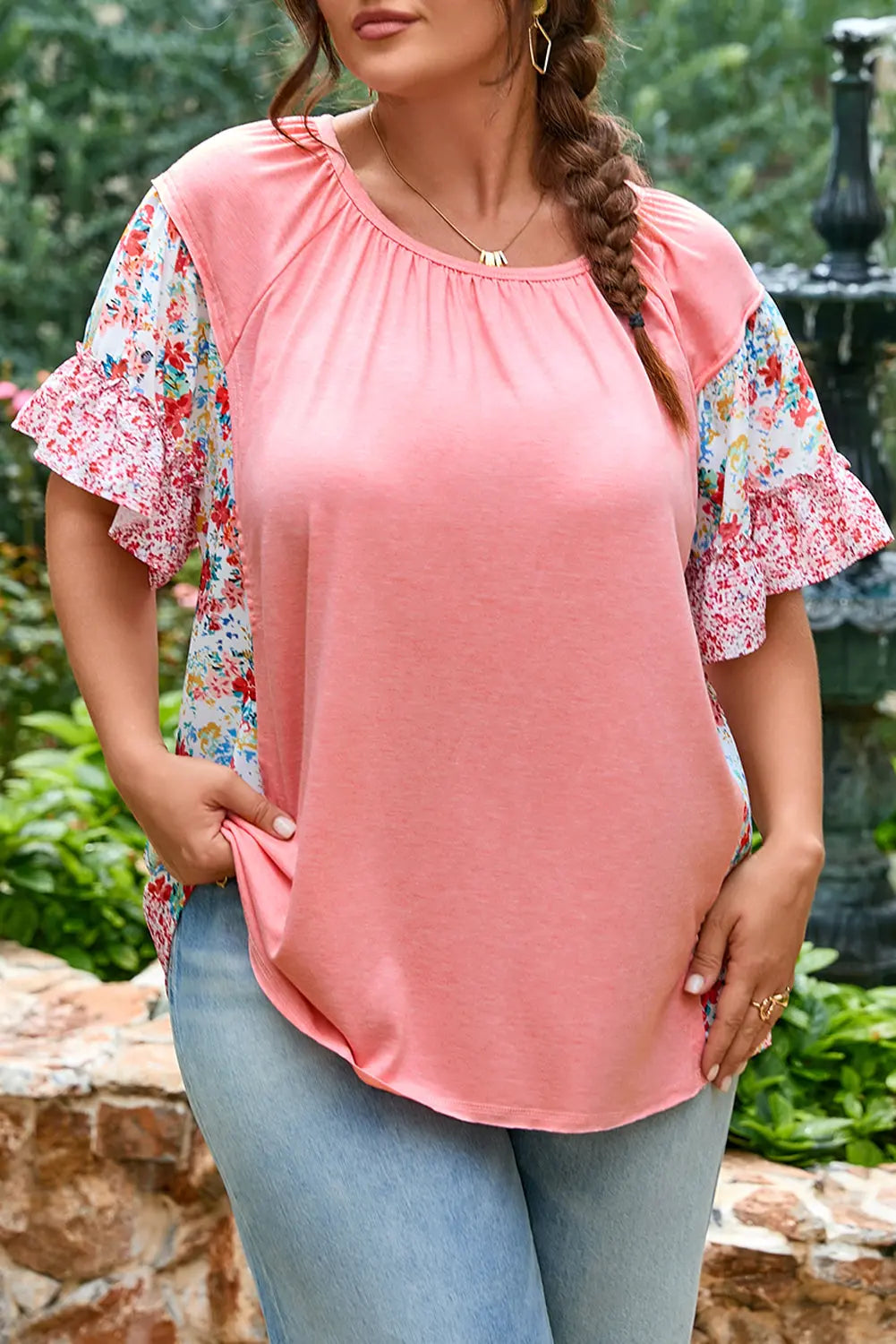 Pink Plus Size Floral Patchwork Ruffled Short Sleeve Blouse Dear-Lover Dropshipping