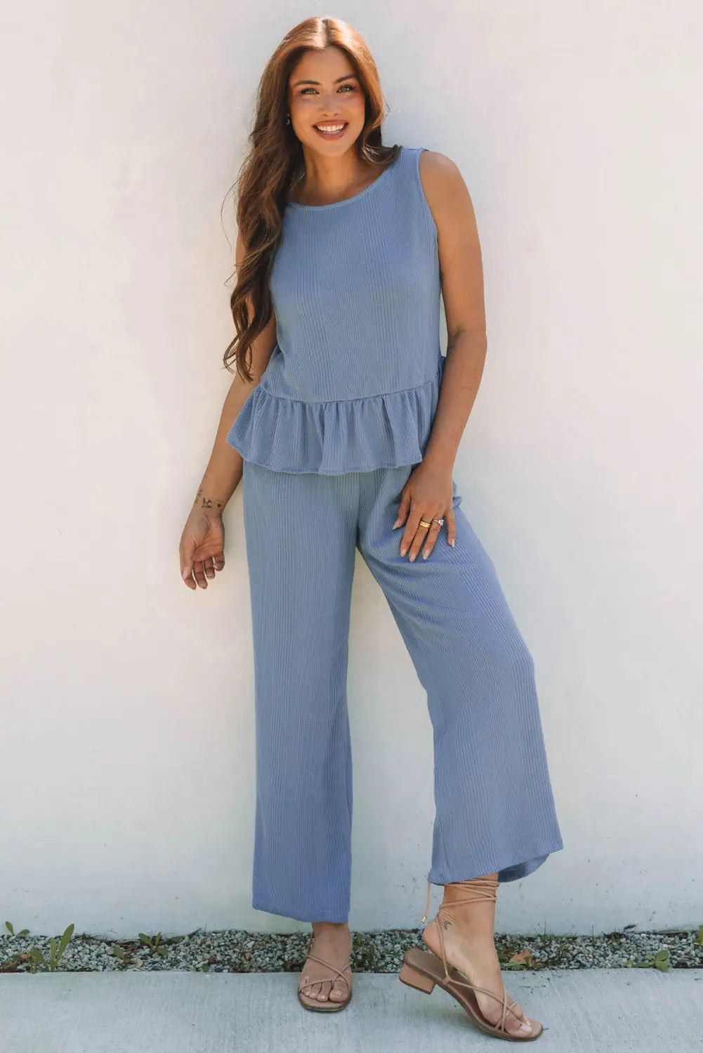 Beau Blue Solid Color Ribbed Ruffle Tank Top and Pants Set Dear-Lover Dropshipping