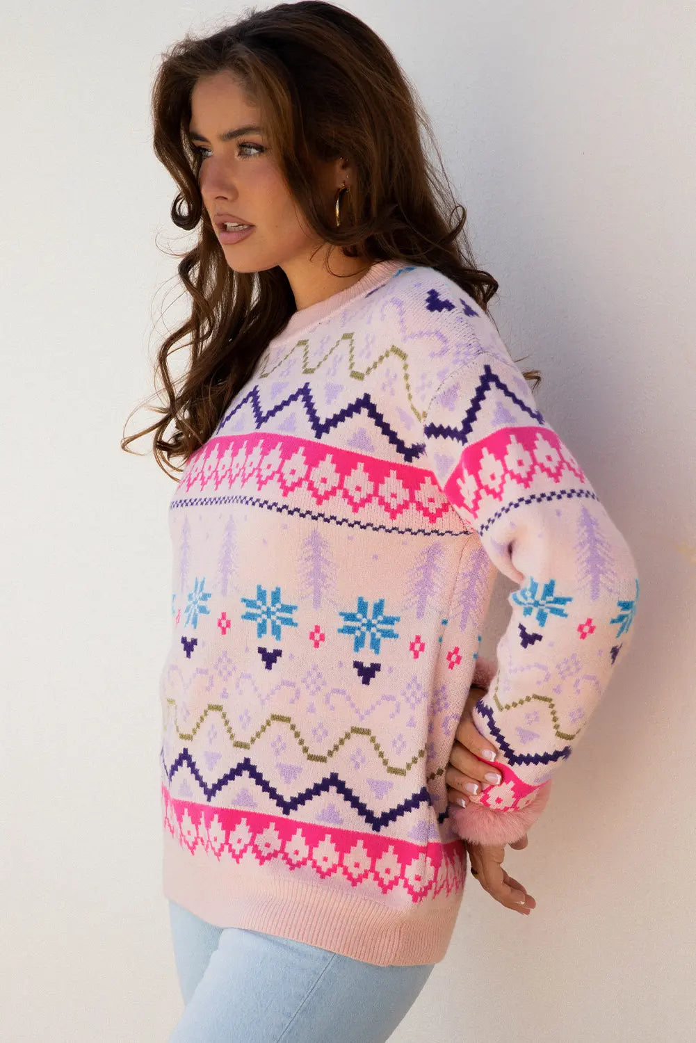 Multicolour Ethnic Christmas Pattern Knit Feather Cuffed Sweater Dear-Lover Dropshipping