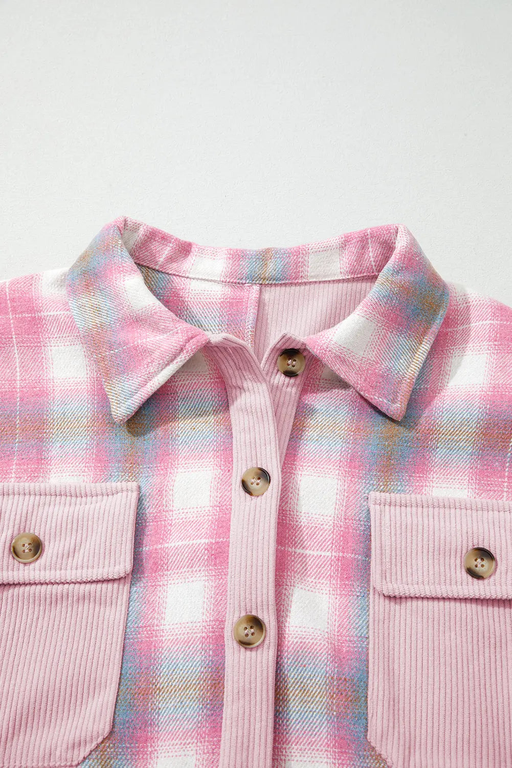 Pink Brushed Plaid Corduroy Flap Pockets Patchwork Shacket Dear-Lover Dropshipping
