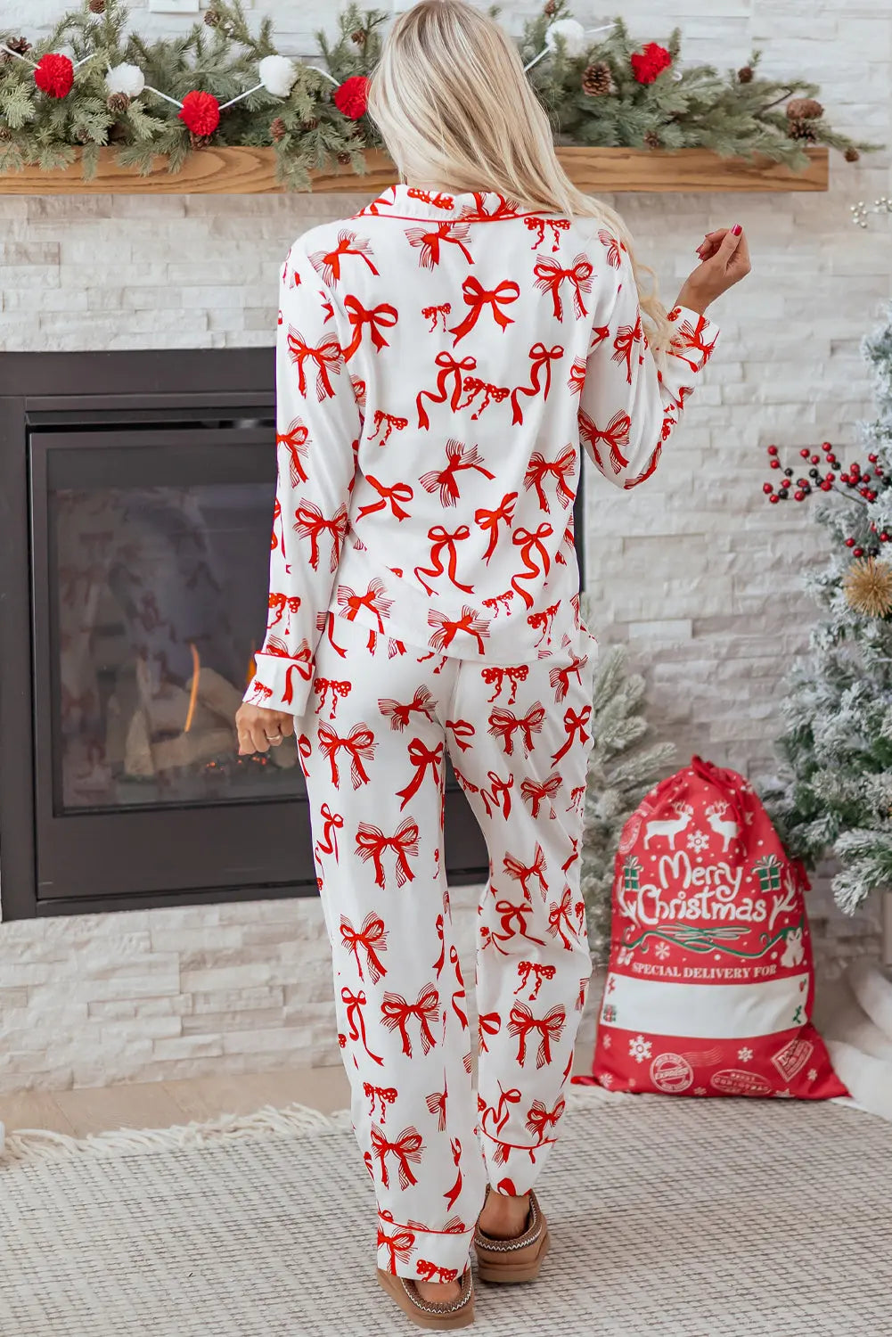 Red Christmas Bow Print Long 2pcs Pajama Set Dear-Lover Dropshipping