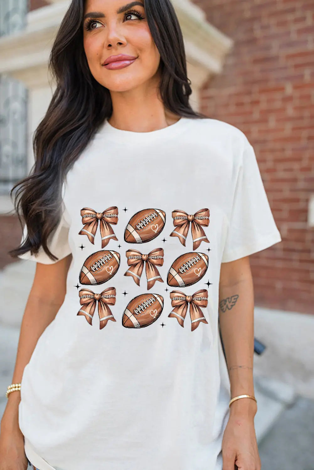 White Football Fashion Bow Print Cotton Blend T Shirt Dear-Lover Dropshipping