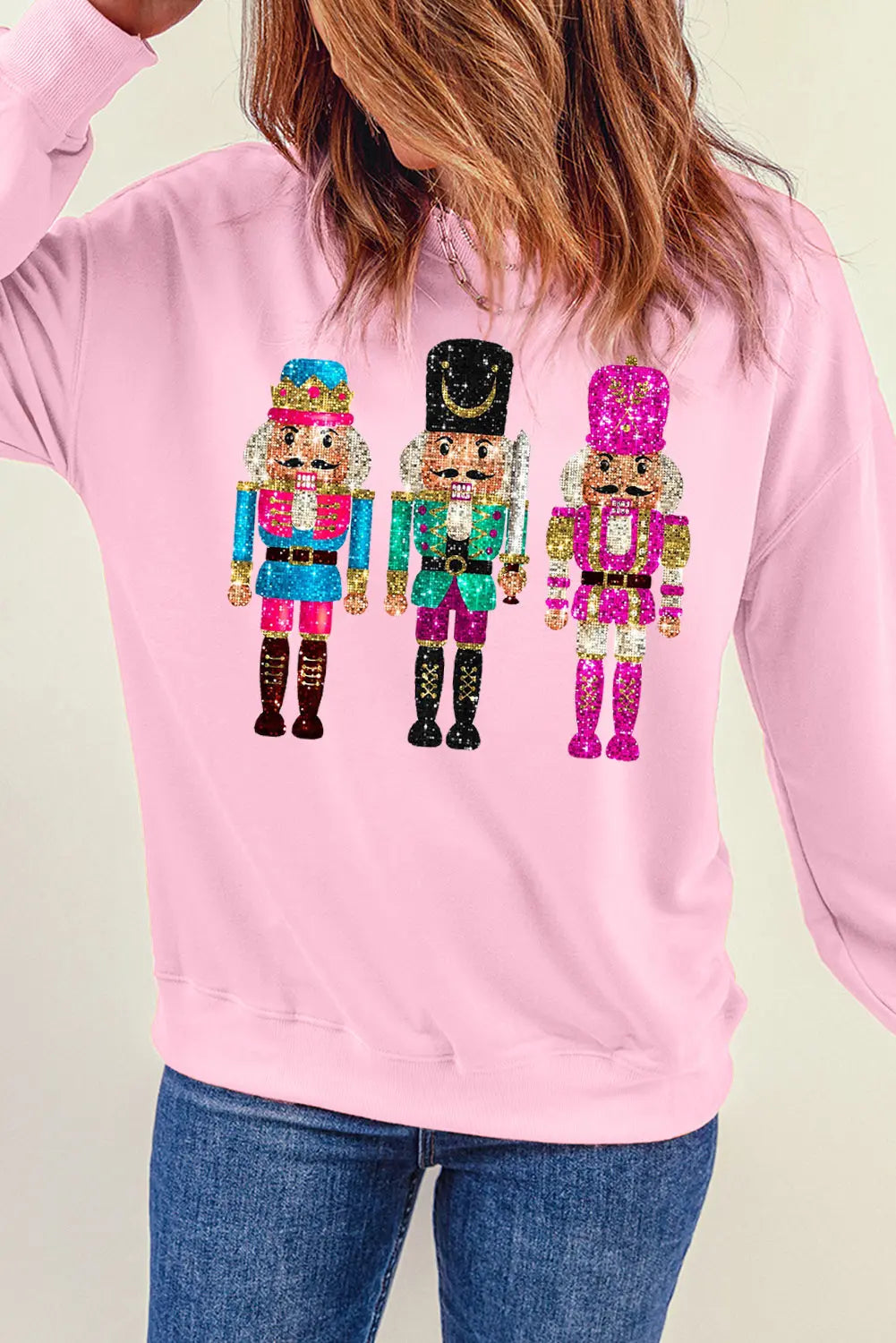 Pink Cute Nutcracker Printed Drop Shoulder Christmas Sweatshirt Dear-Lover Dropshipping