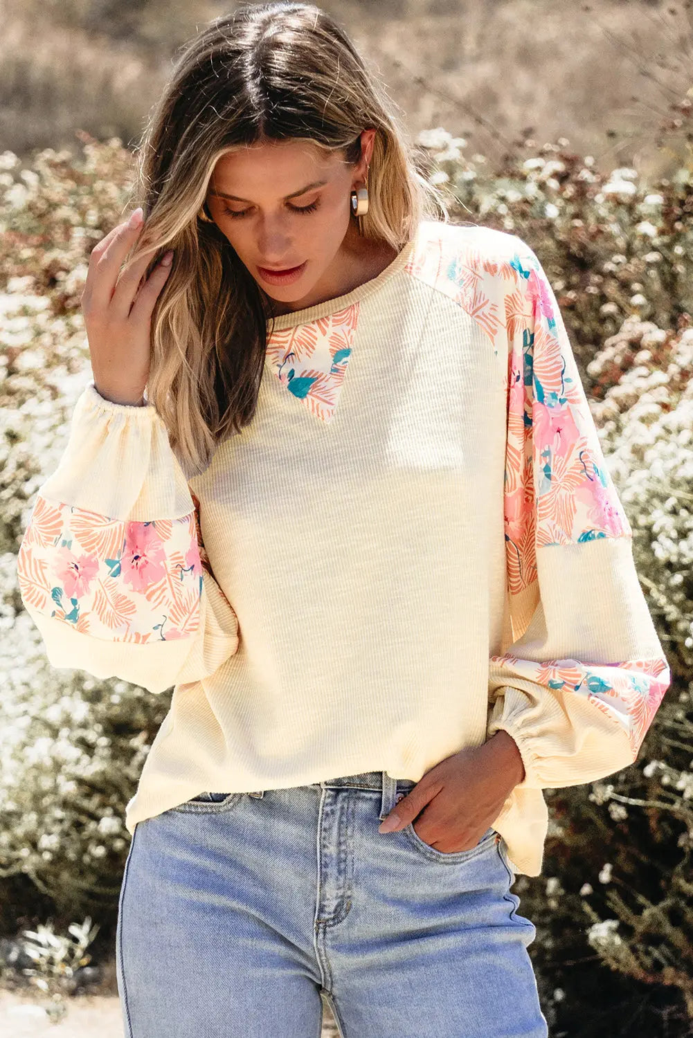 Apricot Textured Floral Patchwork Balloon Sleeve Blouse Dear-Lover Dropshipping