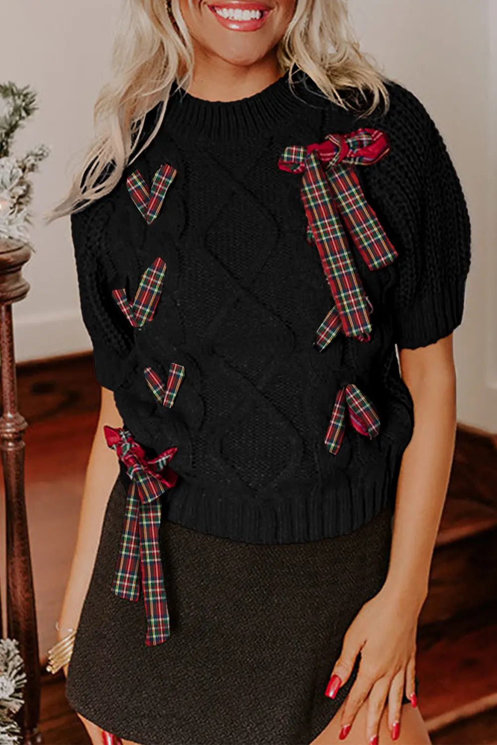 Black Plaid Lace up Detail Christmas Holiday Puff Short Sleeve Sweater Dear-Lover Dropshipping