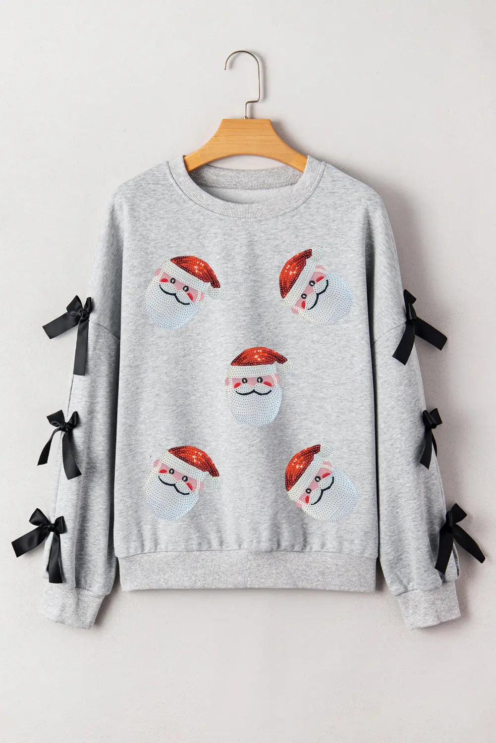 Light Grey Sequin Santa Claus Patched Ribbon Bow Detail Split Sleeve Baggy Sweatshirt Dear-Lover Dropshipping