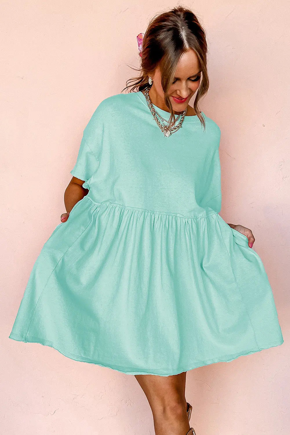 Moonlight Jade Solid Color Pocketed Raw Edge Babydoll Dress Dear-Lover Dropshipping