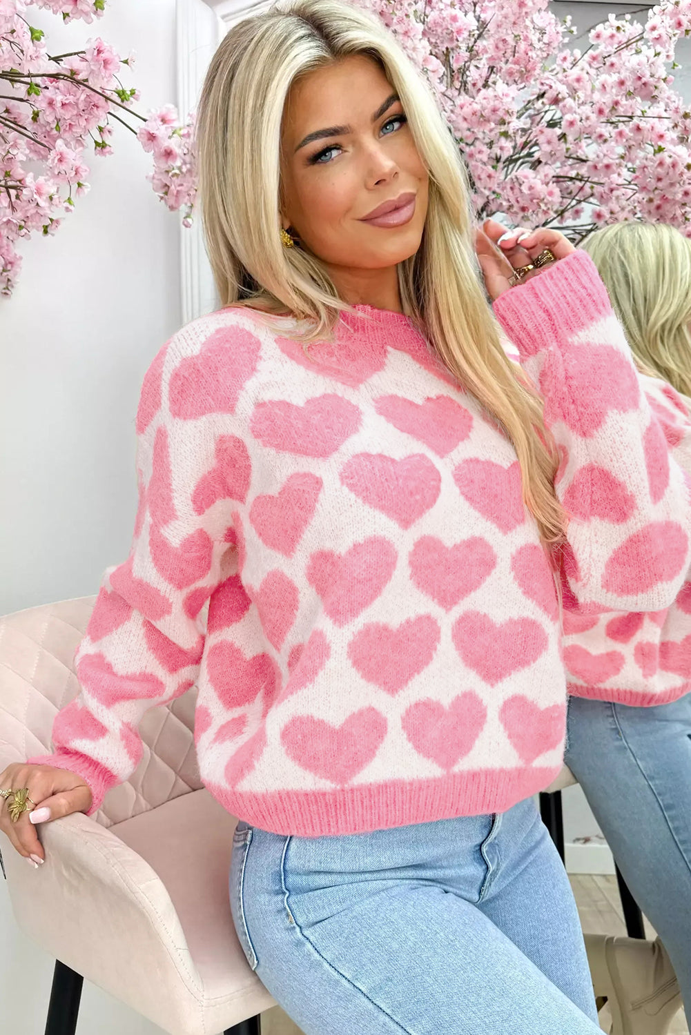 Strawberry Pink Valentine Heart Print Knit Sweater