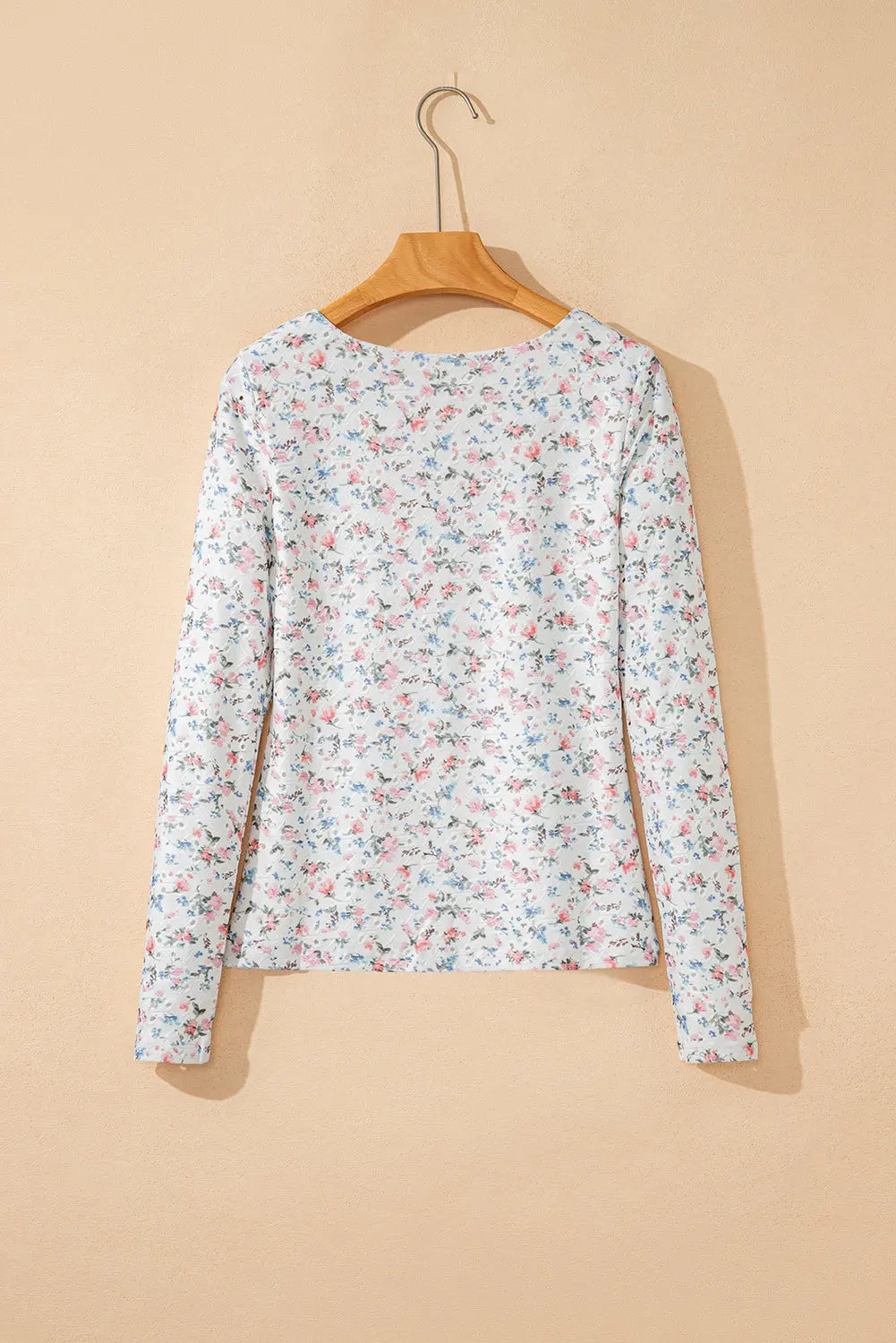 White Floral Print Textured Square Neck Slim Fit Long Sleeve Top Dear-Lover Dropshipping