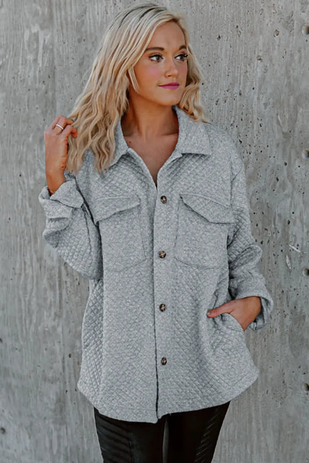 Gray Retro Quilted Flap Pocket Button Shacket Dear-Lover Dropshipping