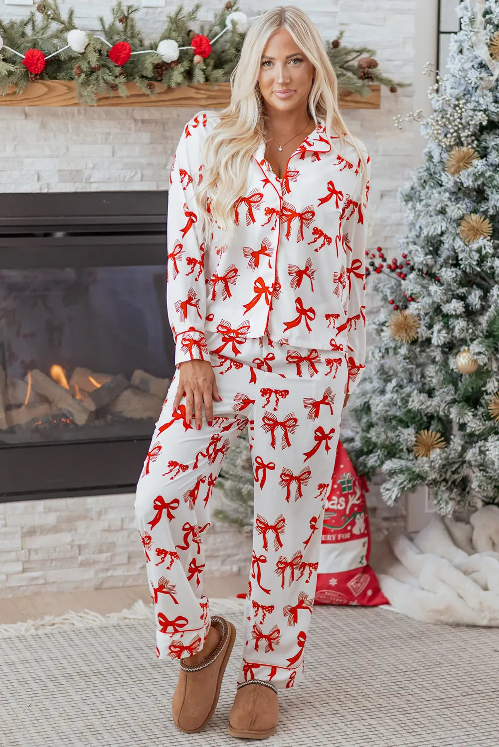 Red Christmas Bow Print Long 2pcs Pajama Set Dear-Lover Dropshipping