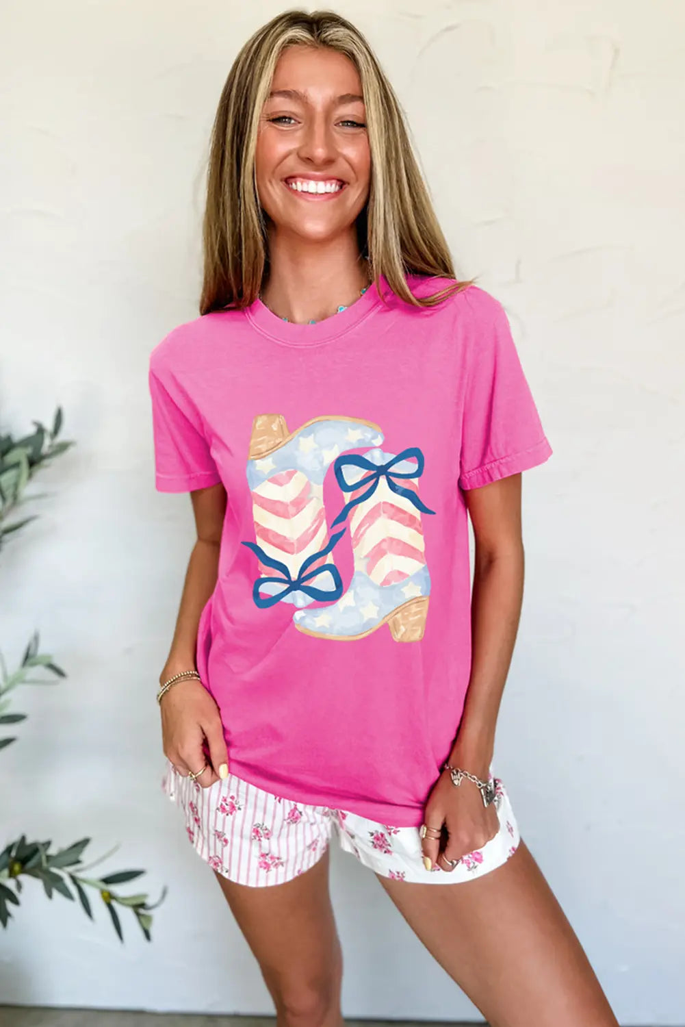 Sachet Pink Flag Pattern Boots Bow Accent Casual Graphic Tee Dear-Lover Dropshipping