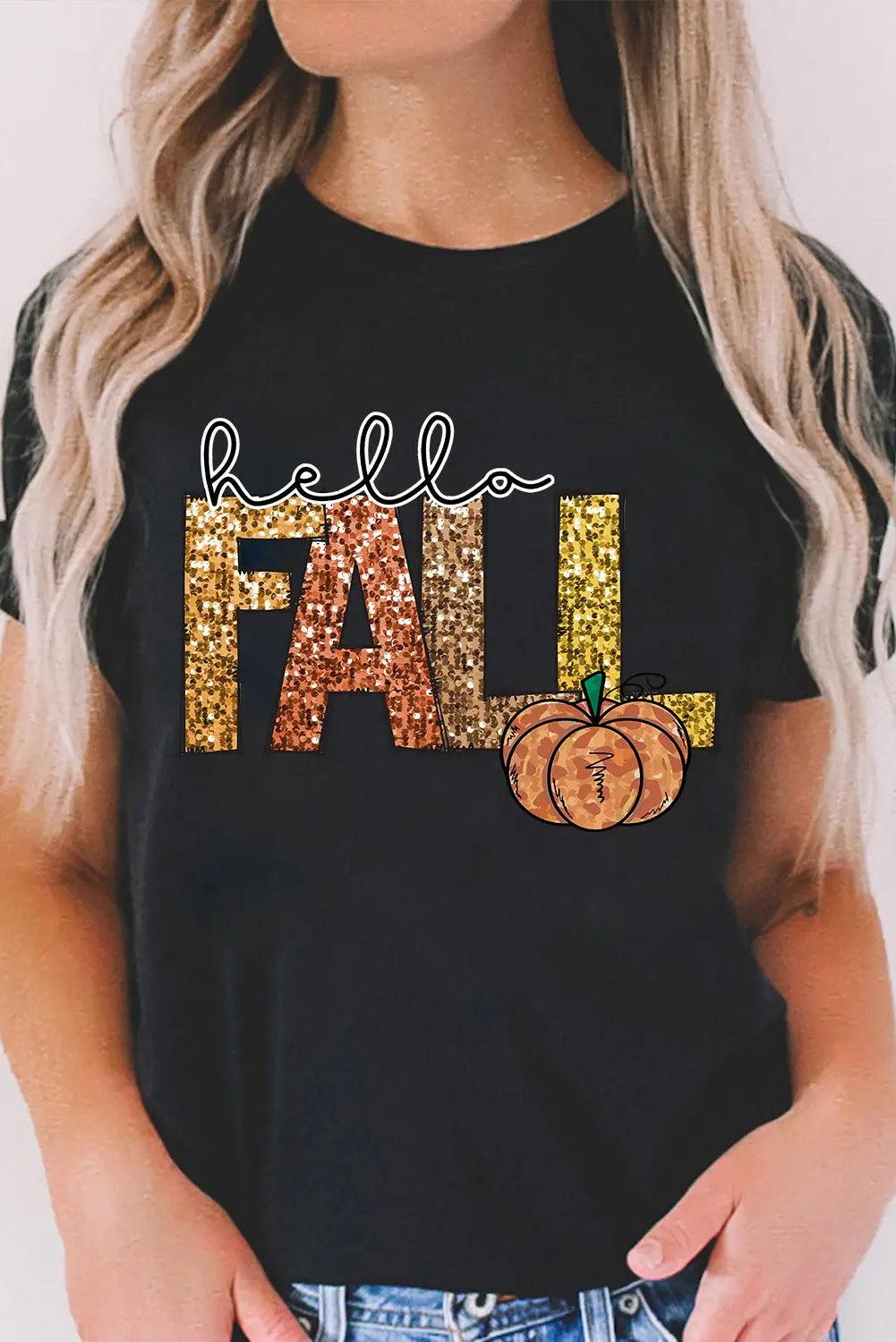 Black Hello Fall Letter Pumpkin Printed Thanksgiving T Shirt Dear-Lover Dropshipping