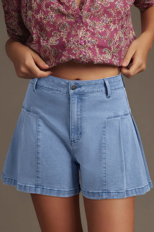 Dusk Blue Pleated Patchwork Wide Leg Lightweight Denim Shorts Dear-Lover Dropshipping