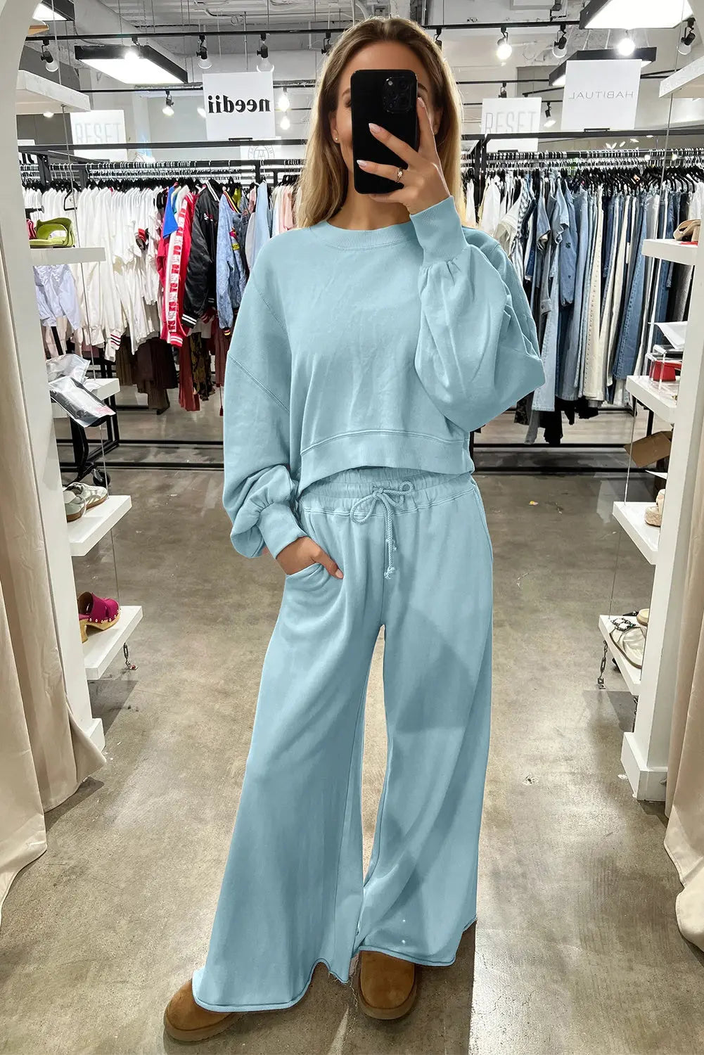 Mist Blue Drop Shoulder Puff Sleeve Crop Pullover Drawstring Wide Leg Pants Set Dear-Lover Dropshipping