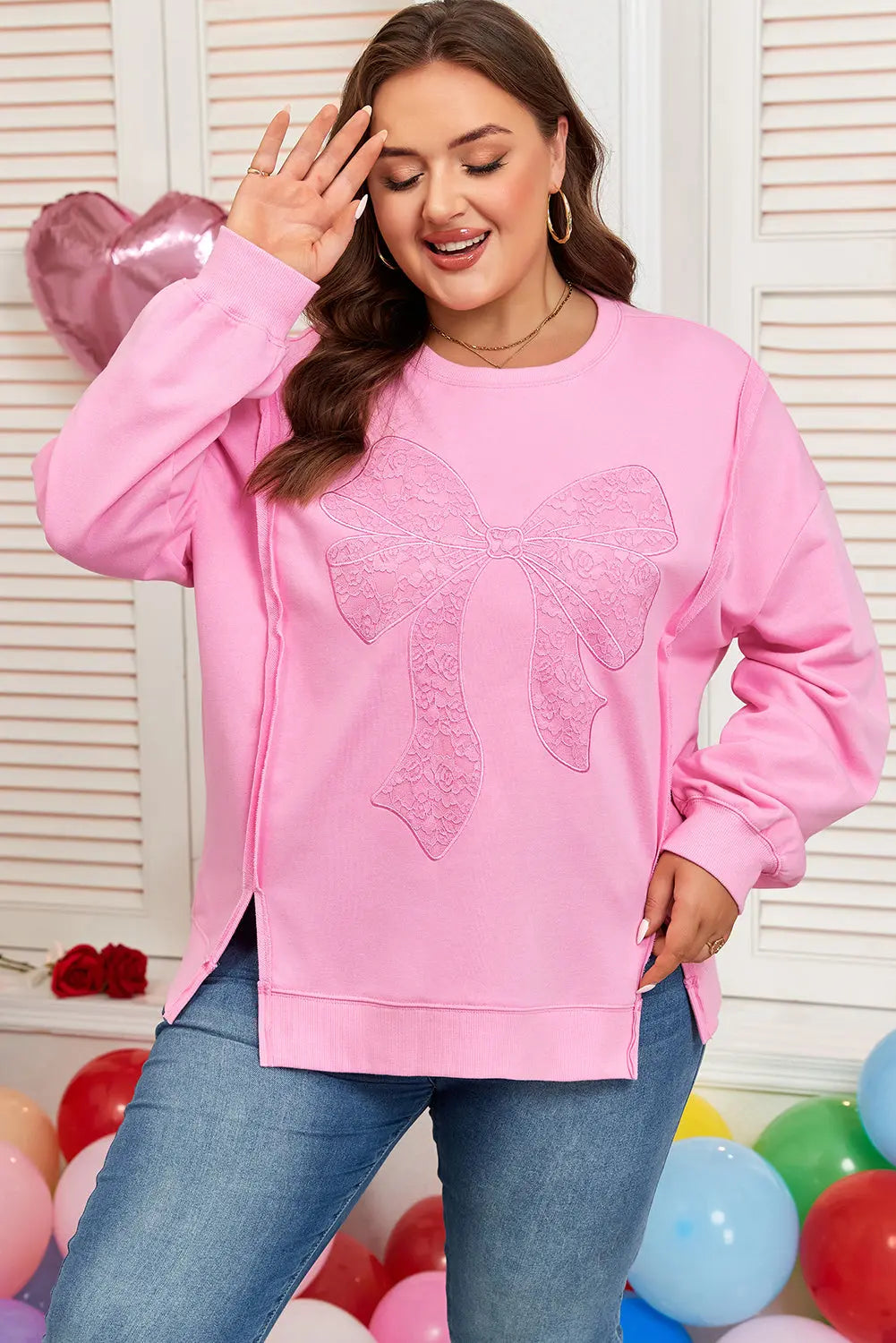 Pink Big Bow Lace Embroidered Dolman Sleeve Slit Plus Size Sweatshirt Dear-Lover Dropshipping