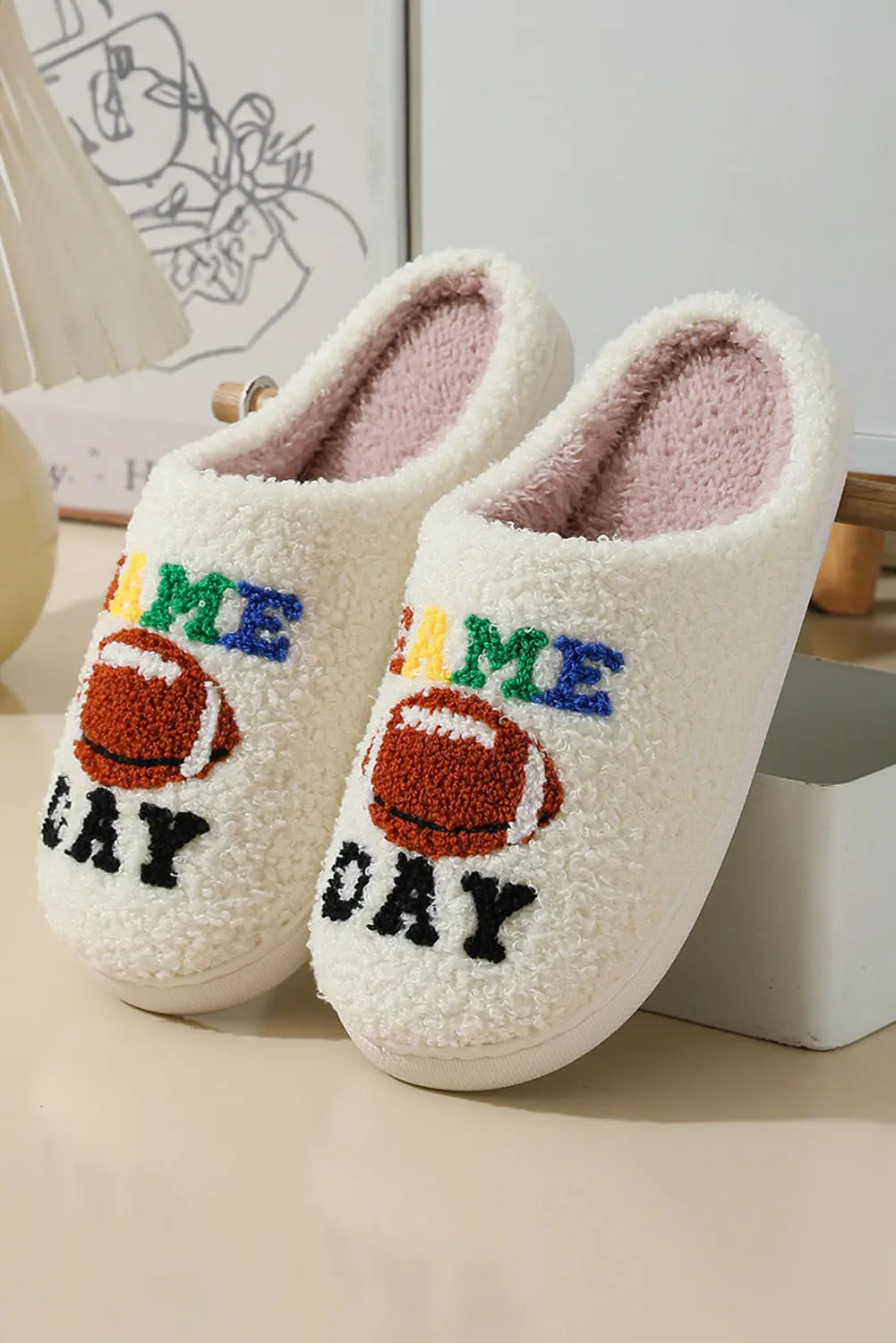 White GAME DAY Rugby Football Plush Slippers Dear-Lover Dropshipping