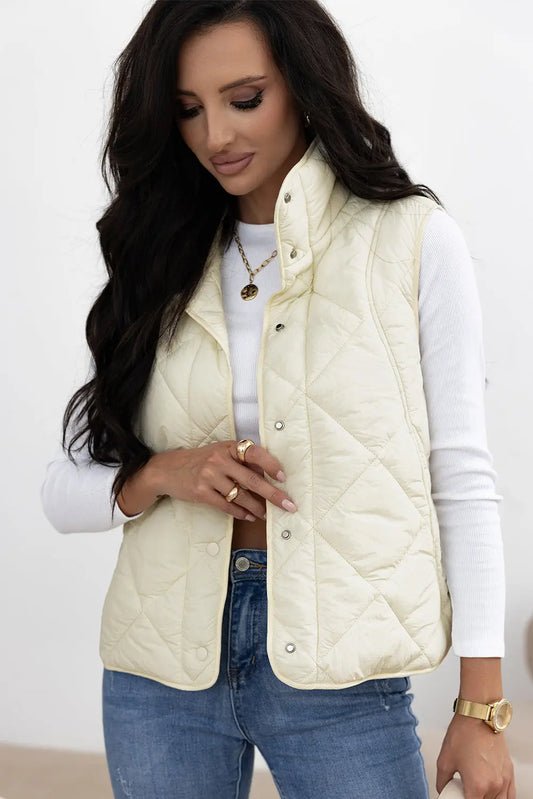 Beige Quilted High Neck Button Up Pocket Vest Coat Dear-Lover Dropshipping