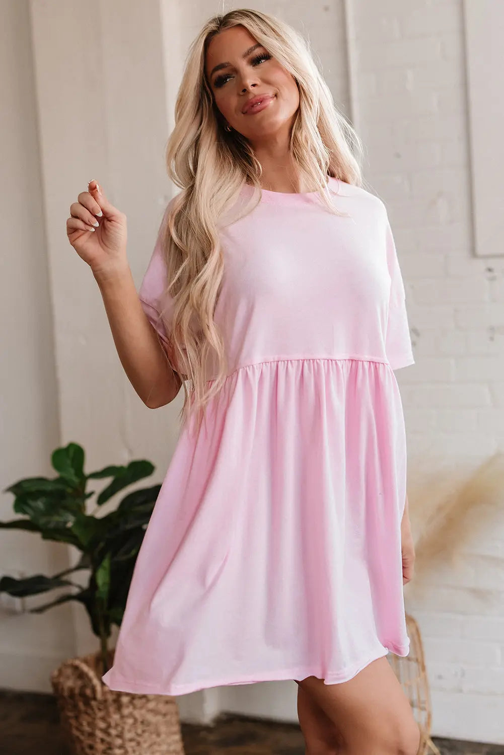 Light Pink Solid Color Pocketed Raw Edge Babydoll Dress Dear-Lover Dropshipping