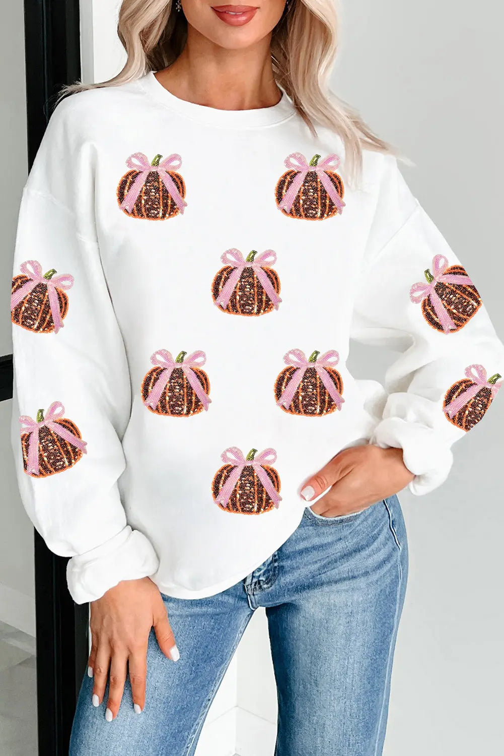 White Sequin Bow Pumpkin Patched Cotton Baggy Sweatshirt Dear-Lover Dropshipping