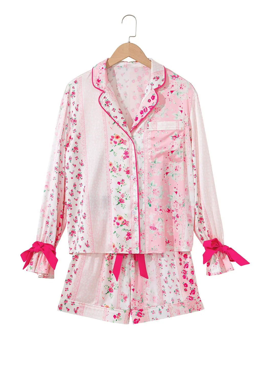 Pink Mixed Floral Print Contrast Piping Trim Satin Tie 2pcs Pajama Set Dear-Lover Dropshipping