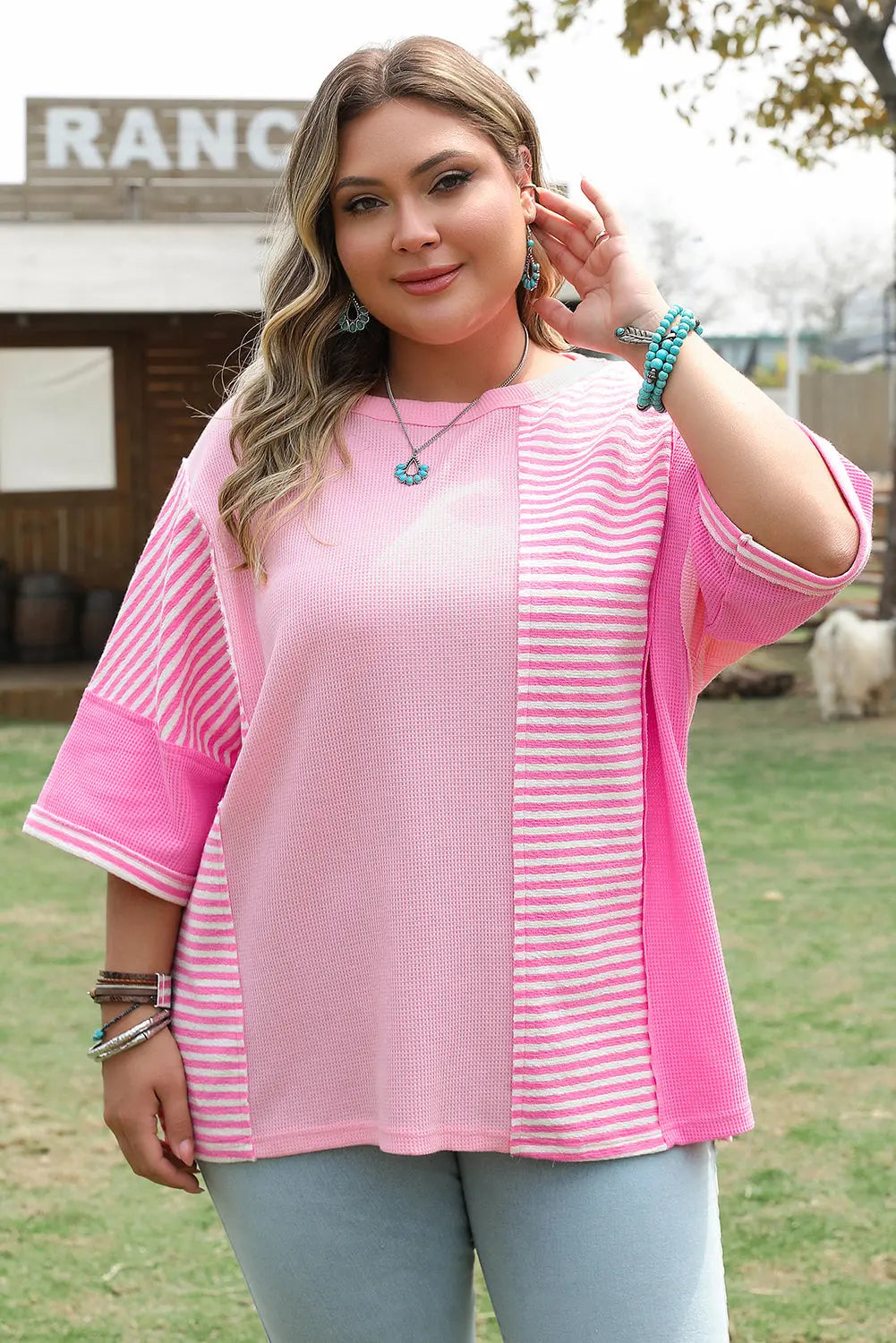 Pink Stripe Patchwork Colorblock Plus Size T Shirt Dear-Lover Dropshipping