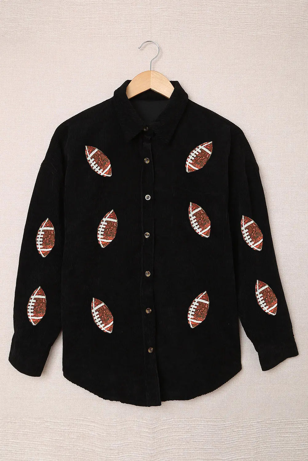 Black Sequin Rugby Pattern Buttoned Corduroy Shacket Dear-Lover Dropshipping
