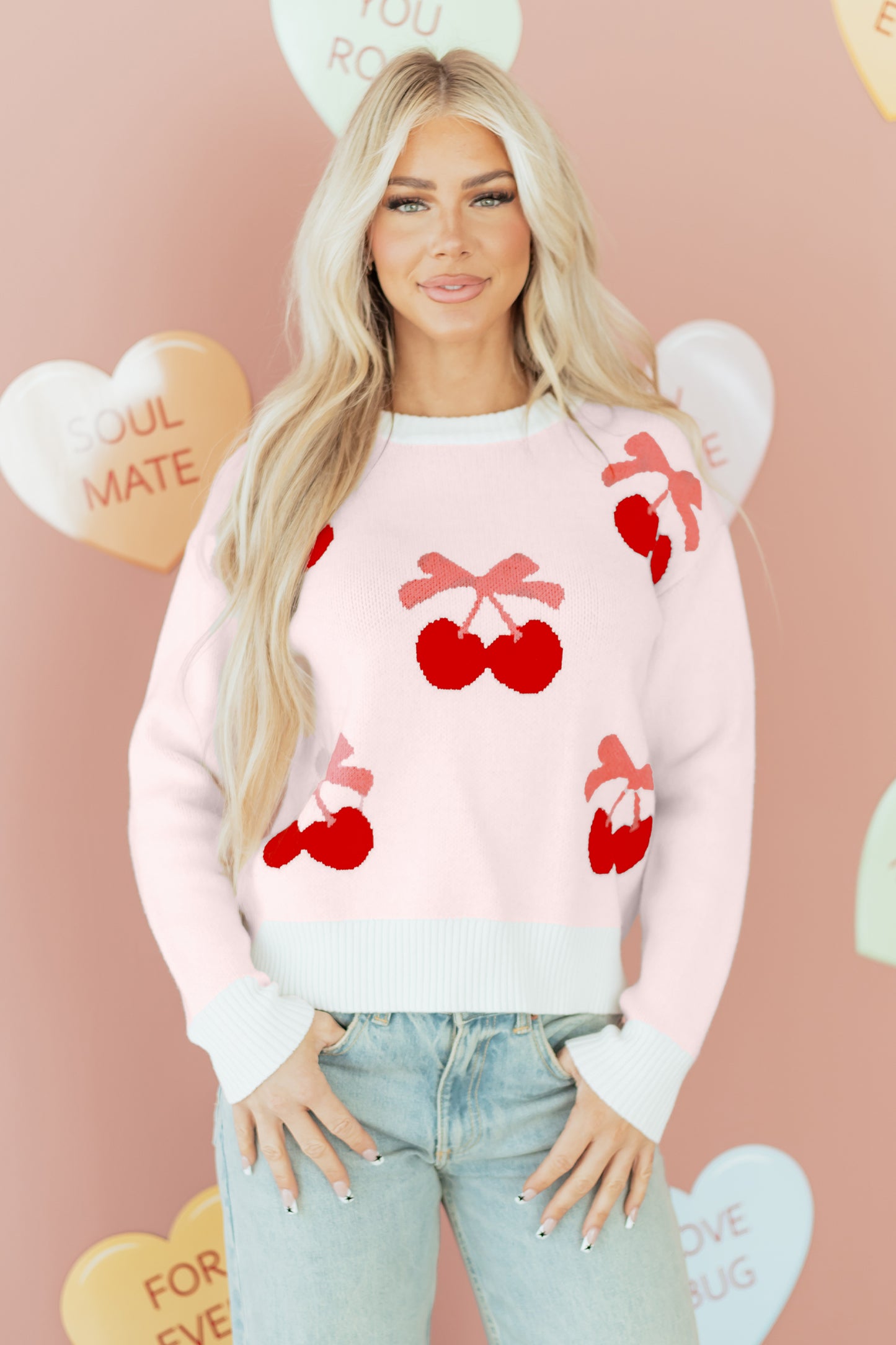White Cherry Pattern Drop Shoulder Sweater