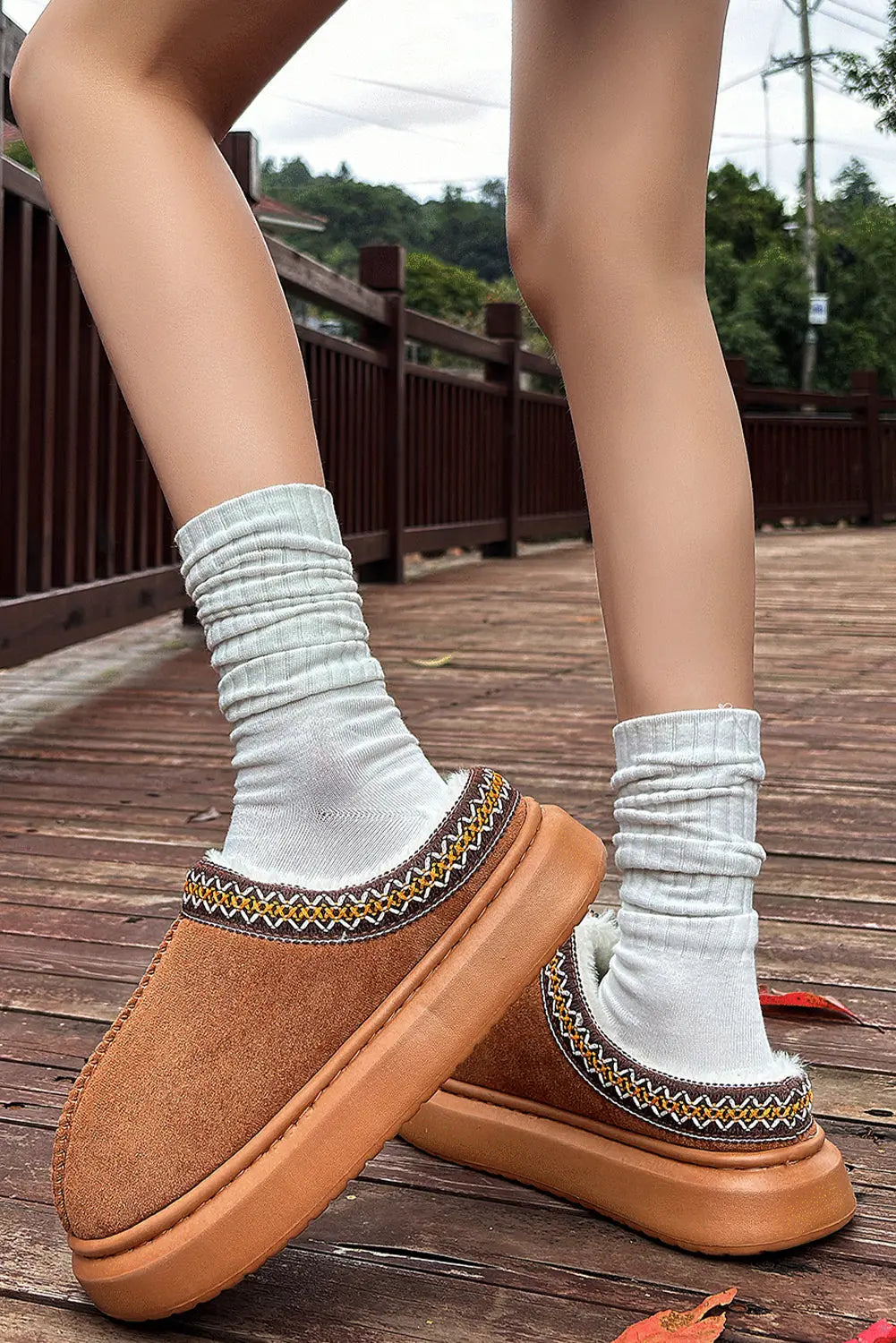 Chestnut Contrast Edge Suede Plush Lined Thick Sole Winter Slippers Dear-Lover Dropshipping