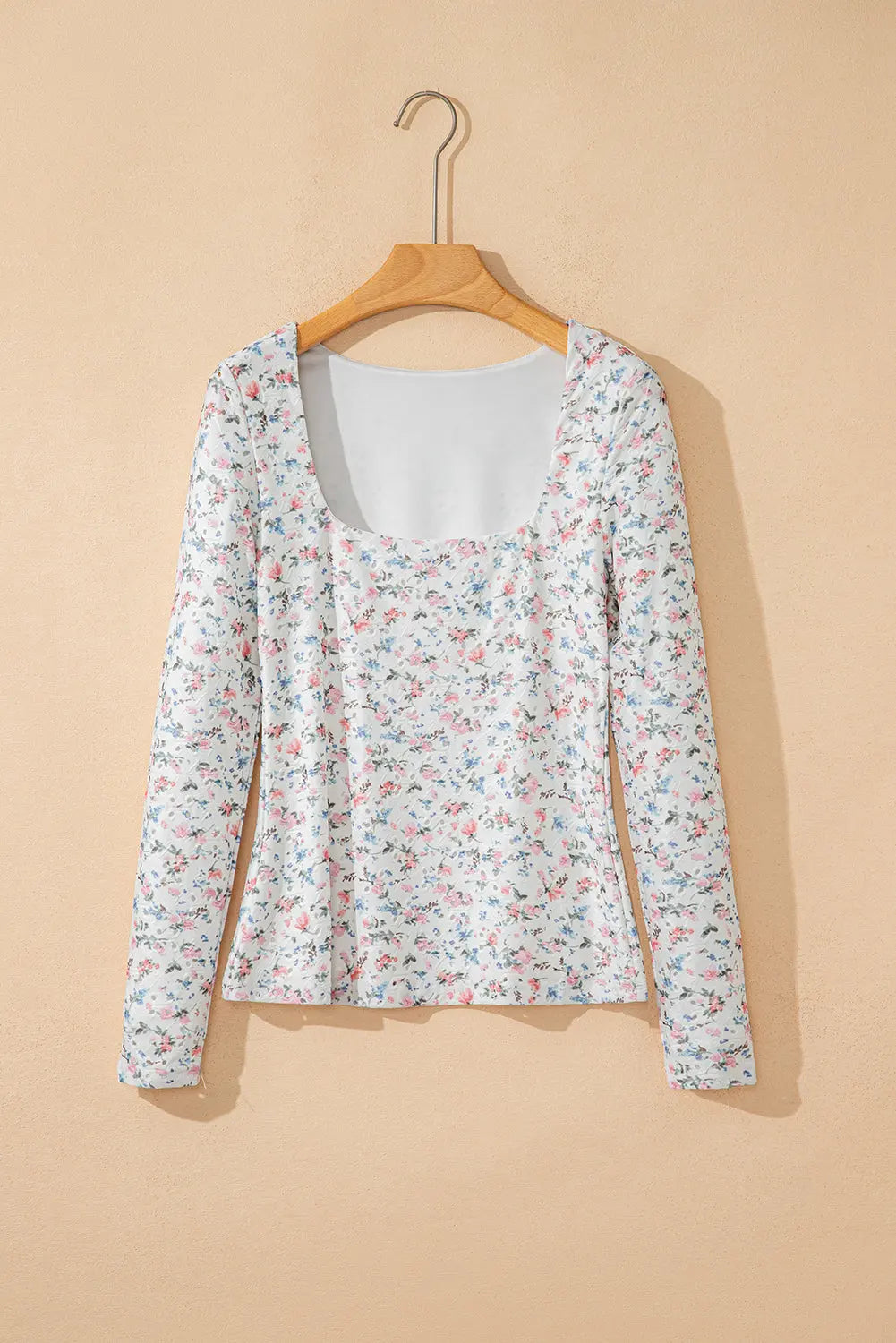 White Floral Print Textured Square Neck Slim Fit Long Sleeve Top Dear-Lover Dropshipping