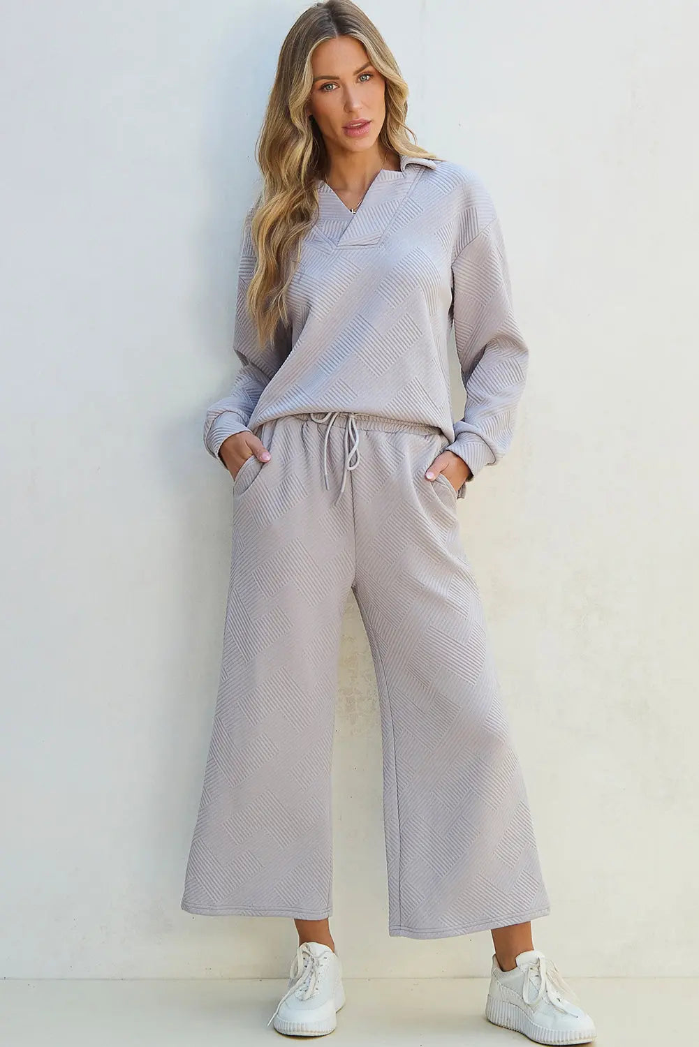 Light Grey Solid Textured Collared V Neck Top and Wide Leg Pants Set Dear-Lover Dropshipping
